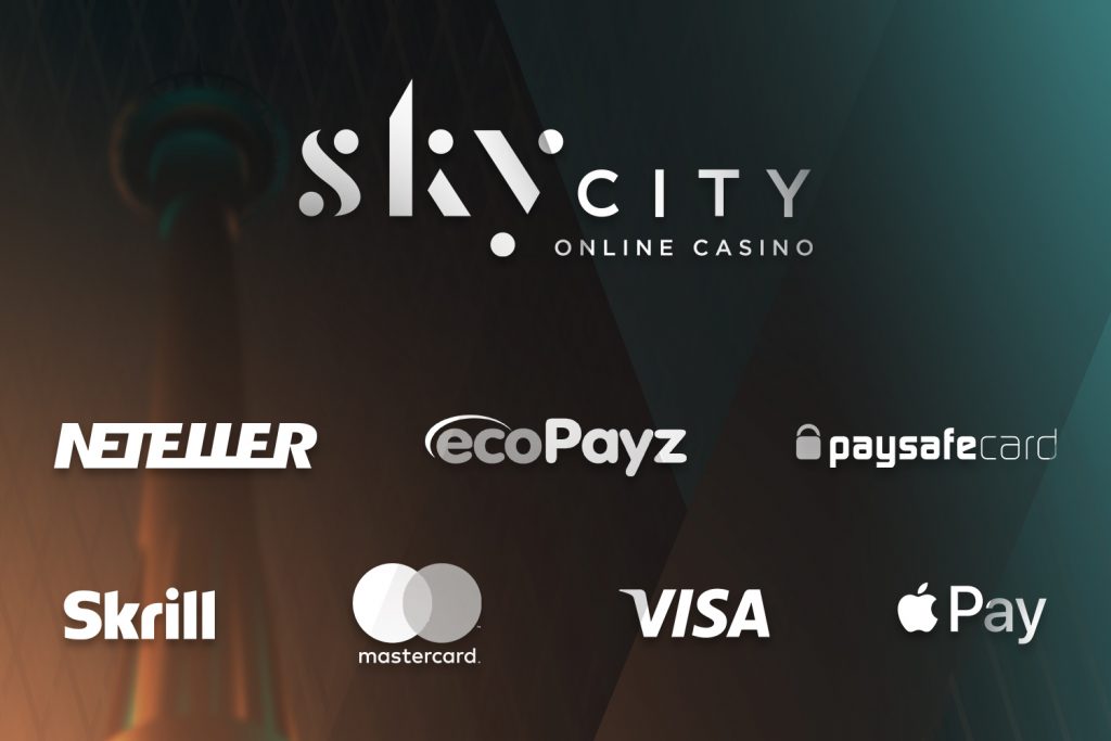 Black background promoting SkyCity online with payment details