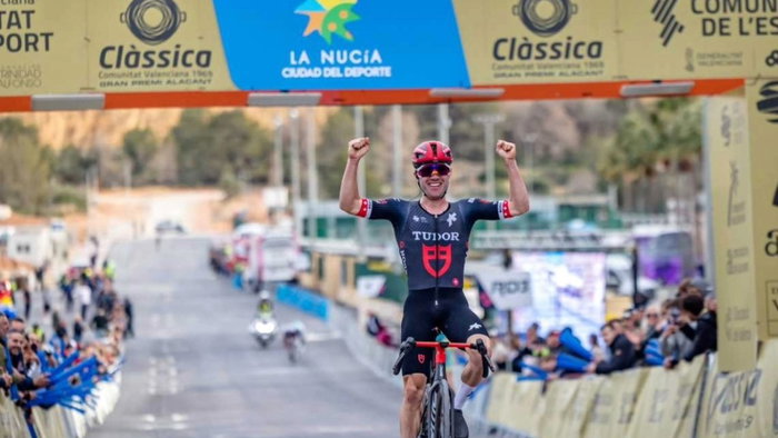 Swiss cyclist Marc Hirschi celebrates winning the 41st edition of the Classica Communitat Valenciana 1969 race held in La Nucia on January 27 2025