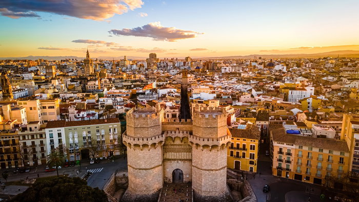 Aerial view of Valencia, showcasing the historic cityscape at sunset