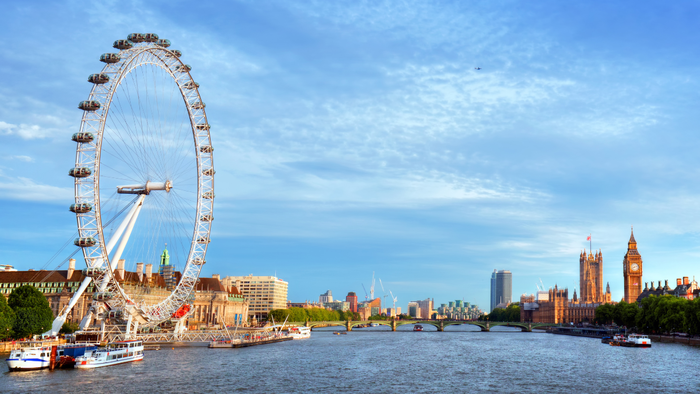 View of the London Eye and Houses of Parliament across the River Thames at sunset.