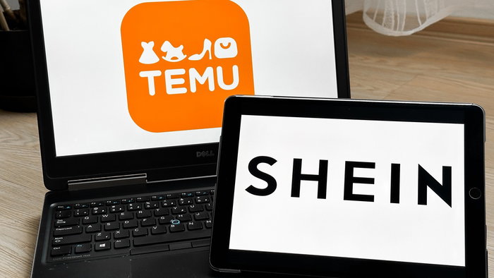 Temu and Shein logos displayed on laptop and tablet screens.