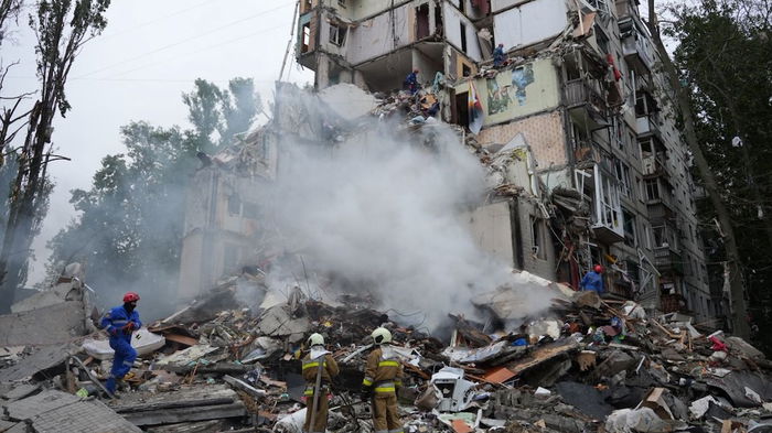 A destroyed building in Kyiv.