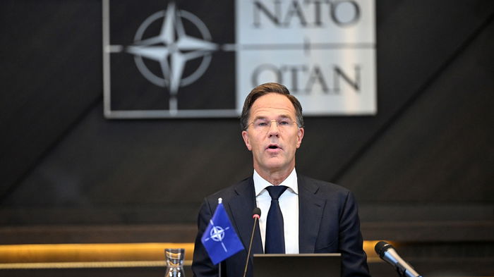 Nato Secretary General Mark Rutte speaking at a press conference at Nato headquarters in Brussels.