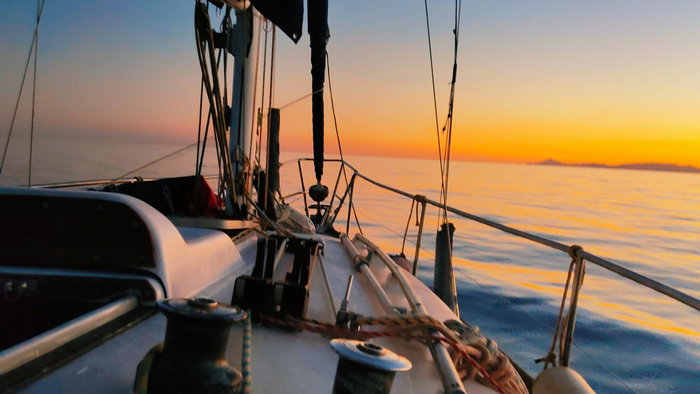 On board a sailing yacht at sunset