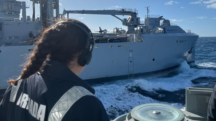 French Navy vessel manoeuvring at sea during Operation Orion 26 military exercise.