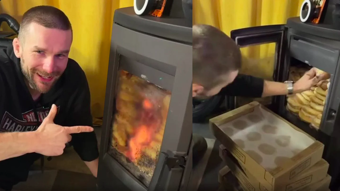 Man filling stove with donuts