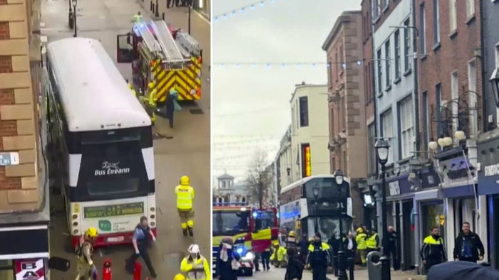 Bus never stopped at right turn, and just mounted pavement.