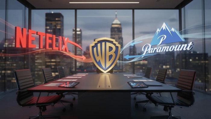 Entertainment industry executives and studio imagery representing the takeover battle between Paramount, Netflix and Warner Bros Discovery