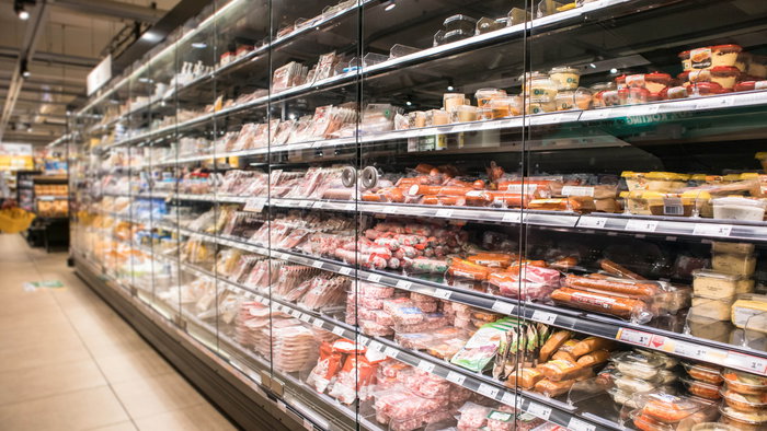 Meat produce in a supermarket refrigerated section