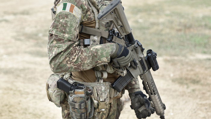 Irish soldier with assault rifle.