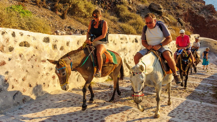 Donkey carrying tourists along a steep path on a Greek island