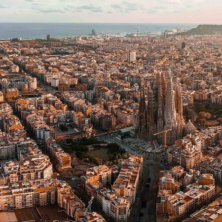 Barcelona skyline with Sagrada Familia and city centre buildings, popular tourist destination in Spain