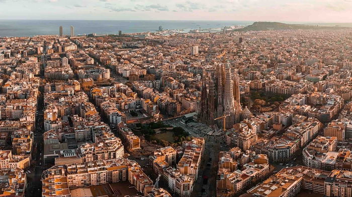 Barcelona skyline with Sagrada Familia and city centre buildings, popular tourist destination in Spain