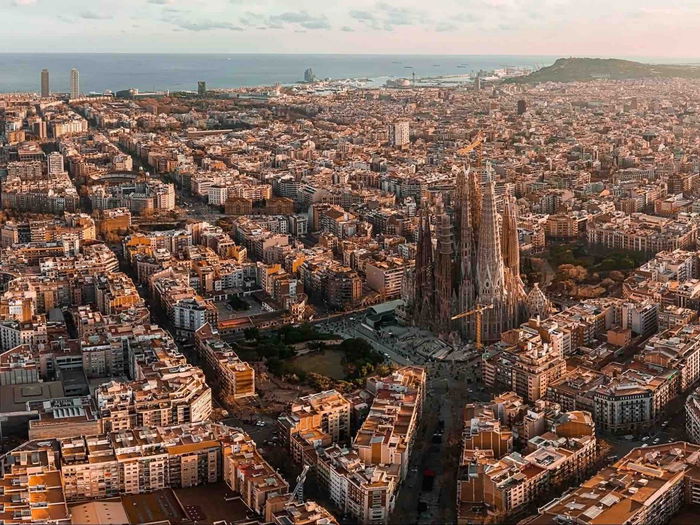 Barcelona skyline with Sagrada Familia and city centre buildings, popular tourist destination in Spain