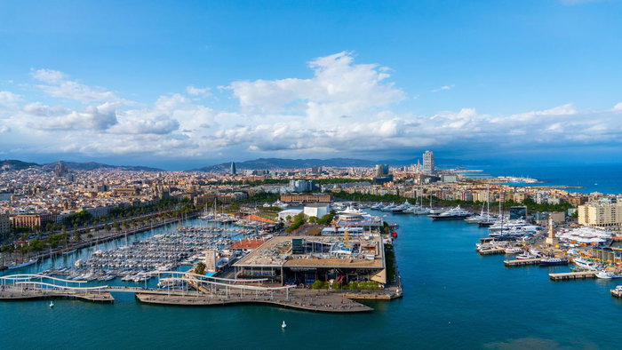 Aerial panorama of Barcelona’s Port Vell.