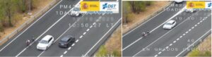 Car overtaking two cyclists without safe distance on Spanish road, captured by DGT aerial camera