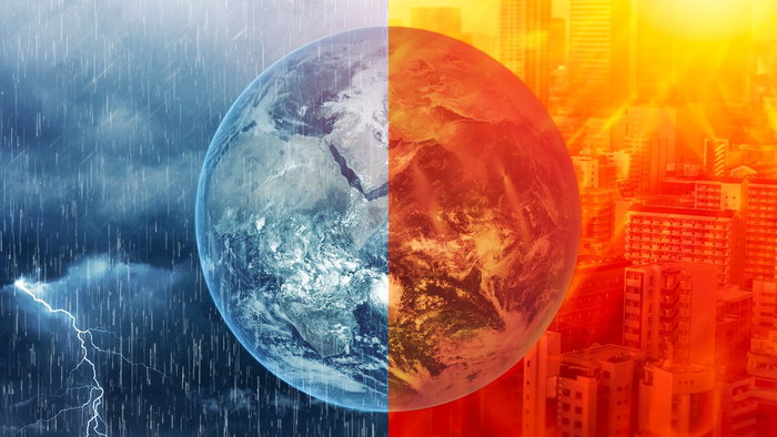 Split image of Earth showing extreme weather contrast, heavy storms on one side and intense heat over a city on the other, symbolising El Niño’s global impact.