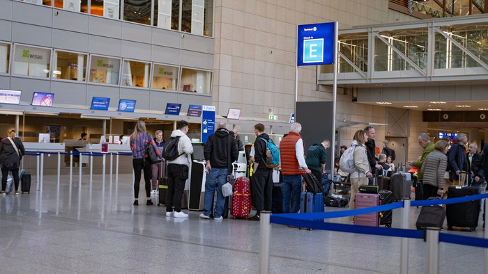 Travellers queue at airport check-in desks before a flight