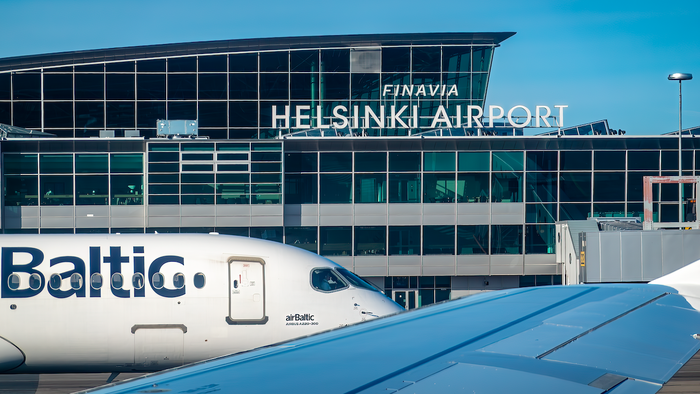 Helsinki Airport with airplanes outside