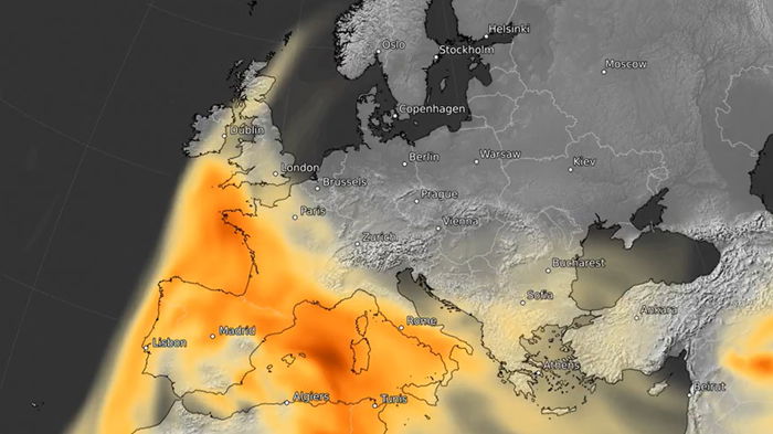 Satellite map showing Saharan dust cloud spreading over Spain and Europe