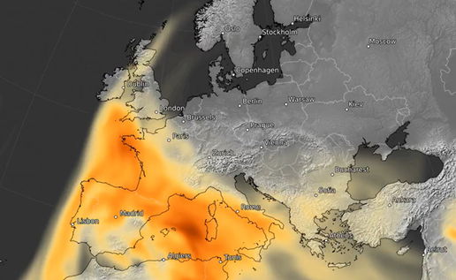 Satellite map showing Saharan dust cloud spreading over Spain and Europe