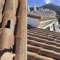 Smashed roof tiles show extent of danger.