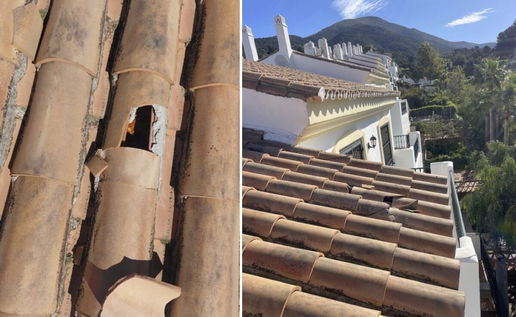 Smashed roof tiles show extent of danger.