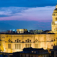 Nighttime view of Malaga's cathedral.