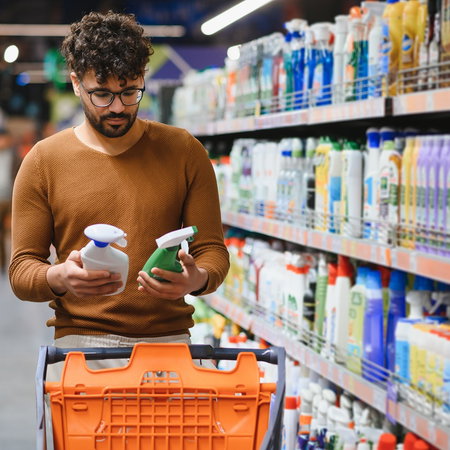 Man comparing cleaning products in a supermarket