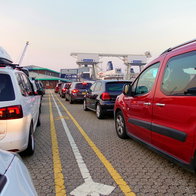 Cars queue at a busy ferry port as passengers face potential delays due to new EU border checks