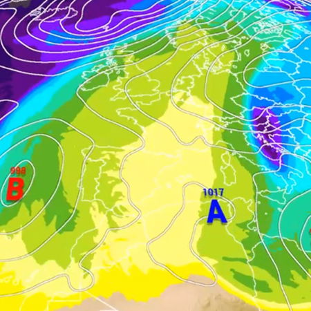 Weather map showing a low-pressure system forming near Spain that could bring rain across parts of the Iberian Peninsula.