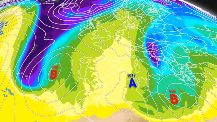 Weather map showing a low-pressure system forming near Spain that could bring rain across parts of the Iberian Peninsula.