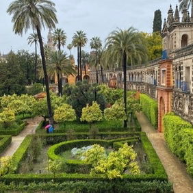 Gardens and historic palace galleries at the Royal Alcázar of Seville, used as the Water Gardens of Dorne in Game of Thrones.