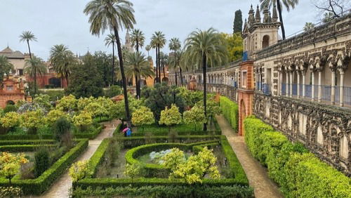 Gardens and historic palace galleries at the Royal Alcázar of Seville, used as the Water Gardens of Dorne in Game of Thrones.