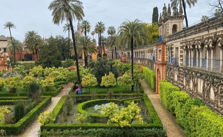 Gardens and historic palace galleries at the Royal Alcázar of Seville, used as the Water Gardens of Dorne in Game of Thrones.