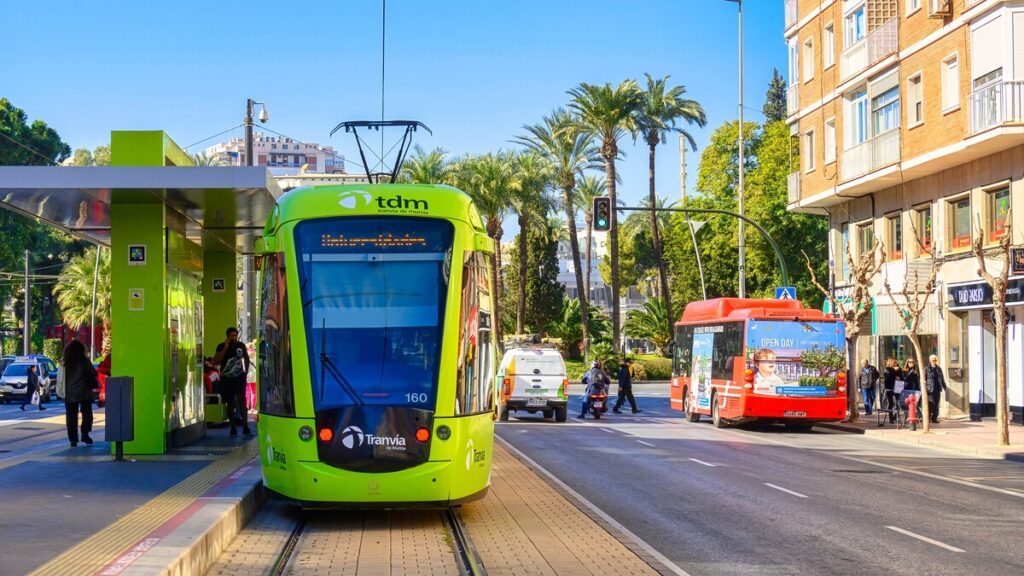 Public autobus operating successful Murcia metropolis centre during vacation period
