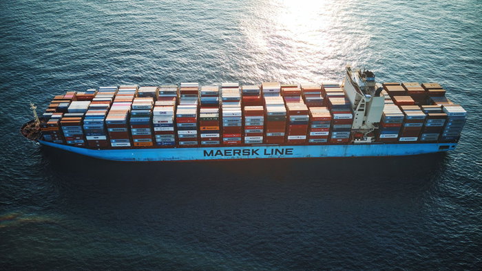 birds eye view of a cargo cargo ship on the ocean