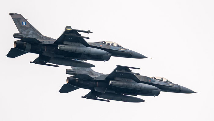 Two F-16 fighter jets flying over Greek territory