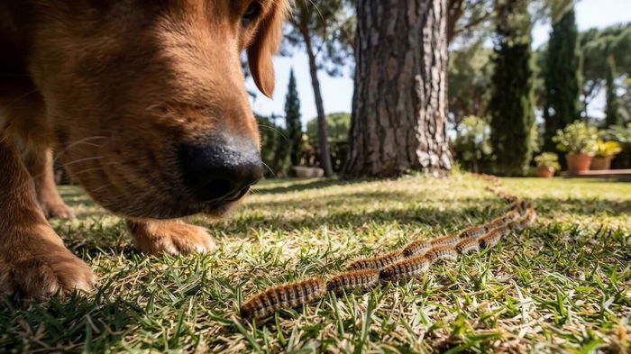 Dog sniffing caterpillars