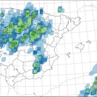 Weather radar map of Spain showing storm activity and heavy rain zones across several regions
