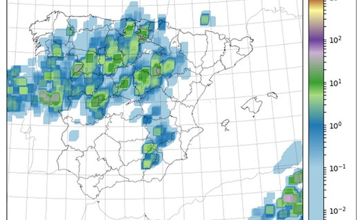 Weather radar map of Spain showing storm activity and heavy rain zones across several regions
