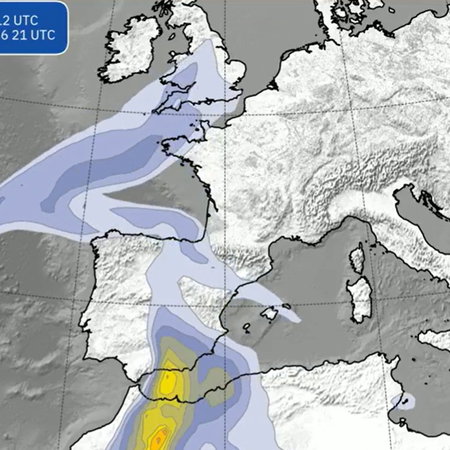 Weather map showing heavy rain and storm activity moving across Spain from the southwest