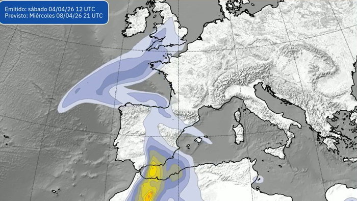 Weather map showing heavy rain and storm activity moving across Spain from the southwest
