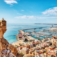 Panoramic view of Alicante from Santa Bárbara Castle overlooking the marina and Mediterranean coast