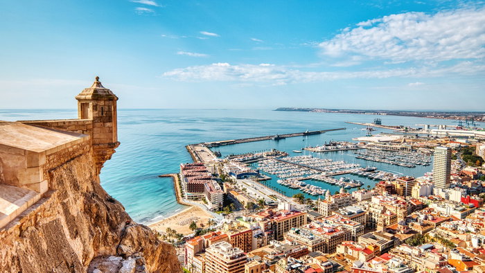 Panoramic view of Alicante from Santa Bárbara Castle overlooking the marina and Mediterranean coast