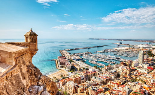 Panoramic view of Alicante from Santa Bárbara Castle overlooking the marina and Mediterranean coast