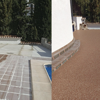 Before and after of resin surface next to pool.