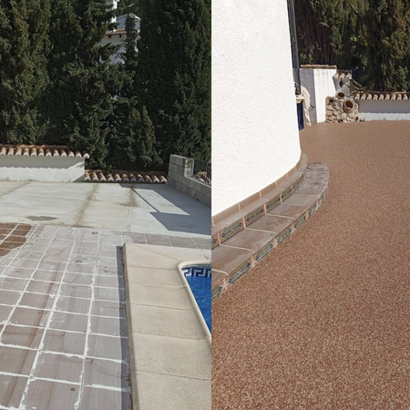 Before and after of resin surface next to pool.