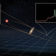 Diagram showing a distant galaxy’s signal magnified by gravitational lensing and detected by a radio telescope