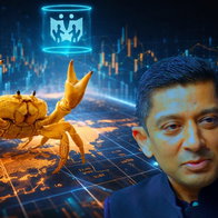 AI picture of a man in the front with a crab behind on a background with a graph chart